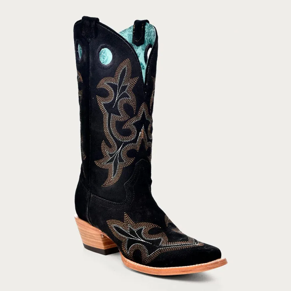 Bota Vaquera Black Suede Embroidery & Pull Holes