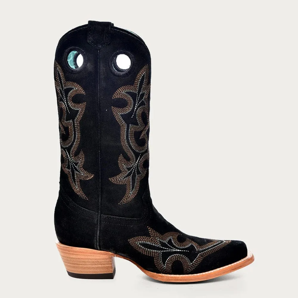 Bota Vaquera Black Suede Embroidery & Pull Holes