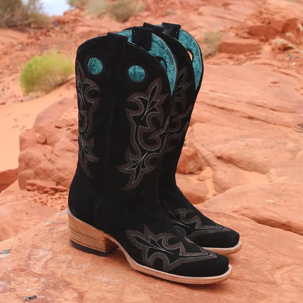 Bota Vaquera Black Suede Embroidery & Pull Holes