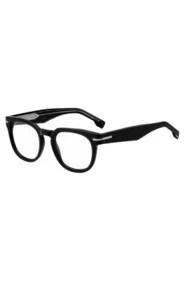 Montura para gafas graduadas de acetato negro con bisagras plateadas