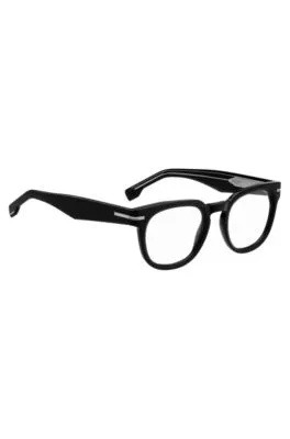 Montura para gafas graduadas de acetato negro con bisagras plateadas