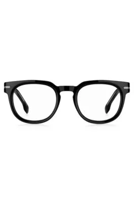 Montura para gafas graduadas de acetato negro con bisagras plateadas