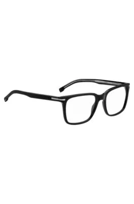 Montura para gafas graduadas de acetato negro con detalle metálico plateado de la marca