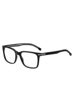 Montura para gafas graduadas de acetato negro con detalle metálico plateado de la marca