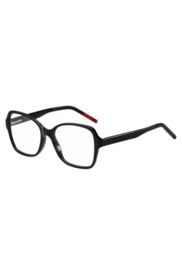 Montura para gafas graduadas de acetato negro con detalles de la marca en las patillas