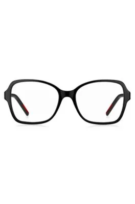 Montura para gafas graduadas de acetato negro con detalles de la marca en las patillas