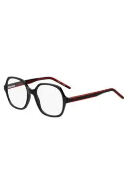 Montura para gafas graduadas de acetato negro con patillas a capas en el rojo de la marca