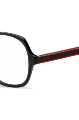 Montura para gafas graduadas de acetato negro con patillas a capas en el rojo de la marca