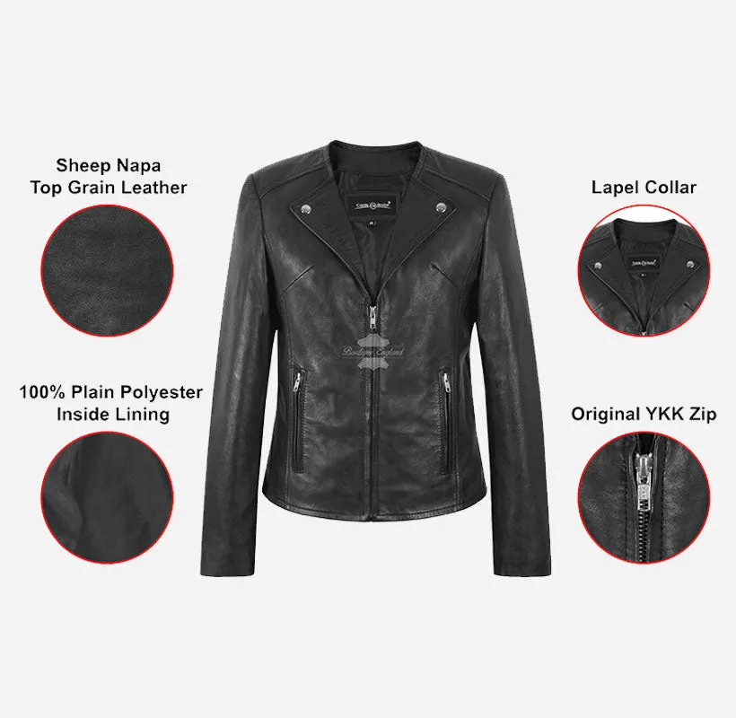 NIA Black Collarless Ladies Leather Jacket Zip Up Biker Ladies Leather Jacket