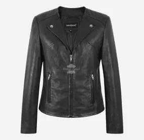 NIA Black Collarless Ladies Leather Jacket Zip Up Biker Ladies Leather Jacket