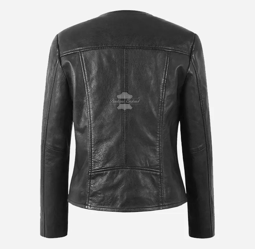 NIA Black Collarless Ladies Leather Jacket Zip Up Biker Ladies Leather Jacket