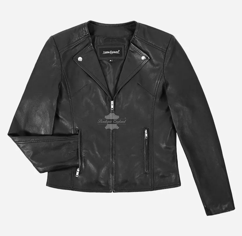 NIA Black Collarless Ladies Leather Jacket Zip Up Biker Ladies Leather Jacket