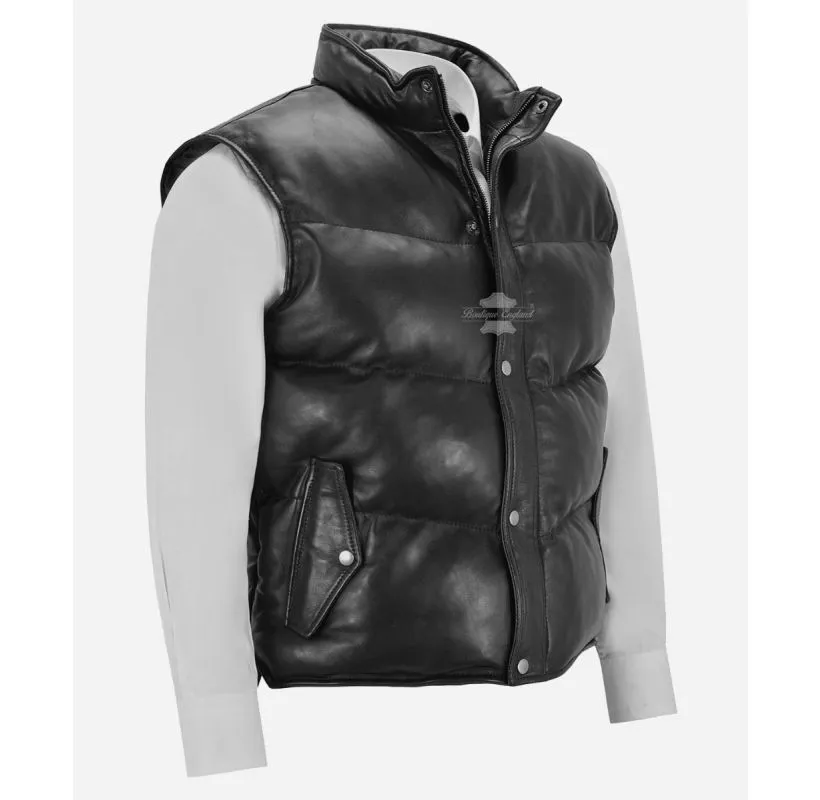 NITROGEN Mens Puffer Gilet Leather Sleeveless Padded Jacket