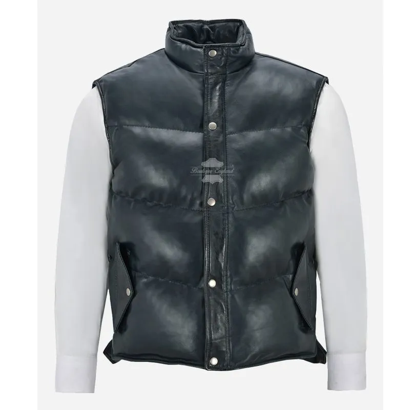 NITROGEN Mens Puffer Gilet Leather Sleeveless Padded Jacket