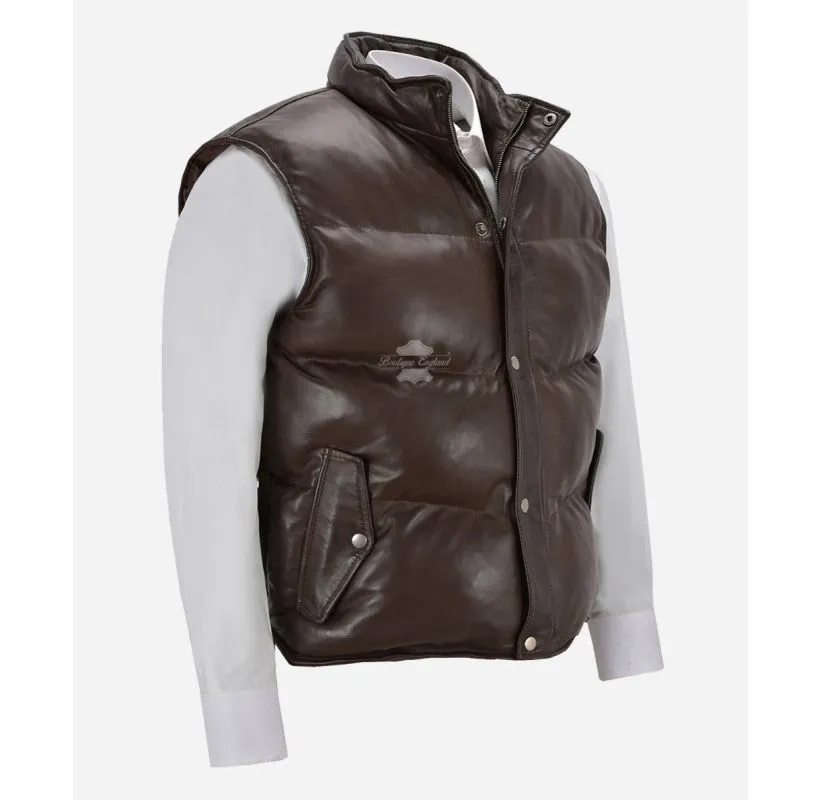 NITROGEN Mens Puffer Gilet Leather Sleeveless Padded Jacket