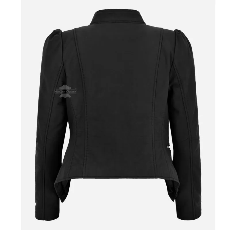 NORA Ladies Puff Sleeves Jacket Matte Black Leather Slim Fit Fashion Jacket