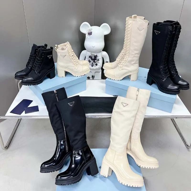 Nuevas marcas de otoño e invierno Diseñador de mujer Cuero brillante y nailon con cordones Botas de tacón alto Botines Botines B