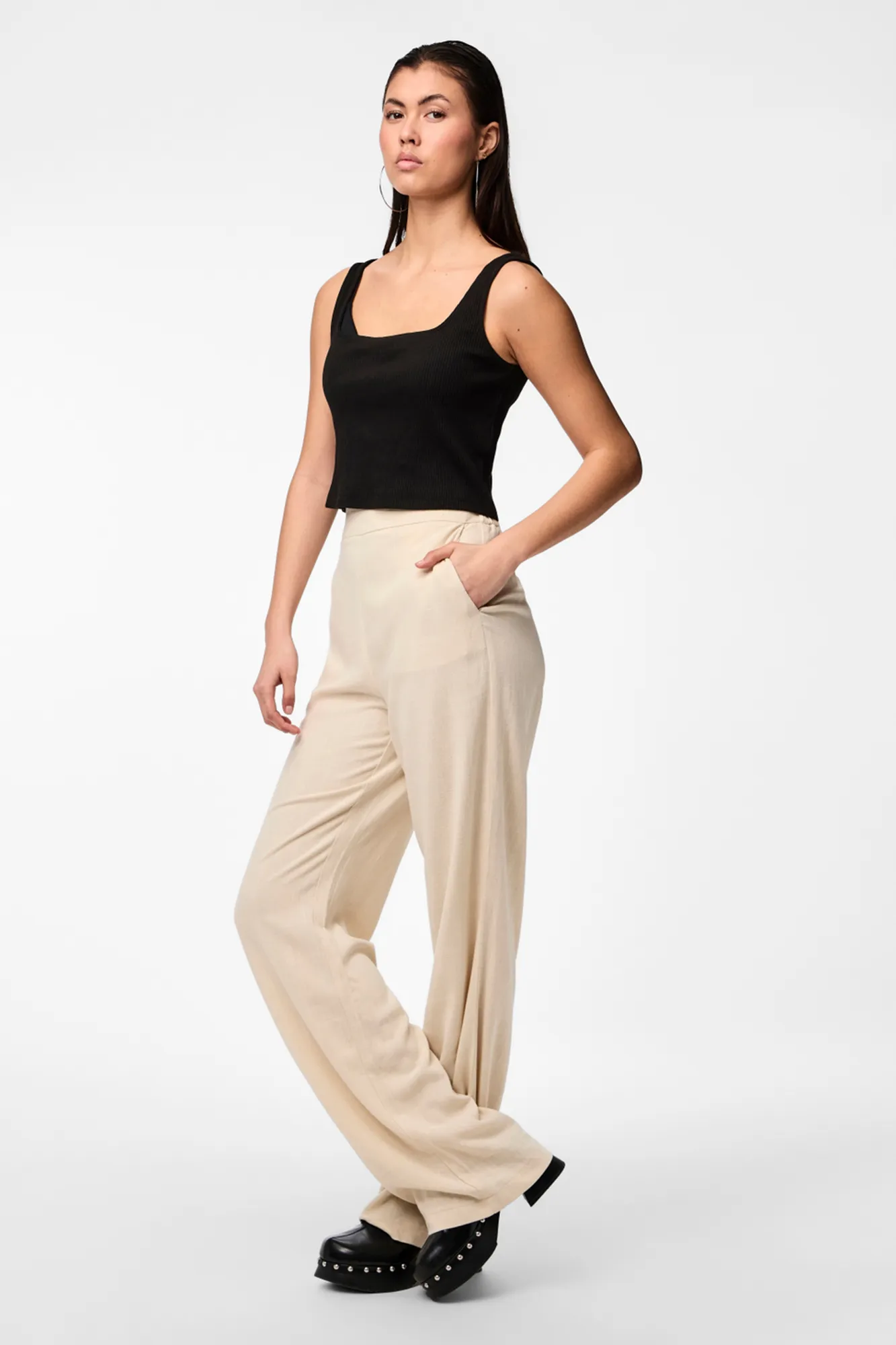 Pieces Pantalón lino de mujer fluido con cintura elástica