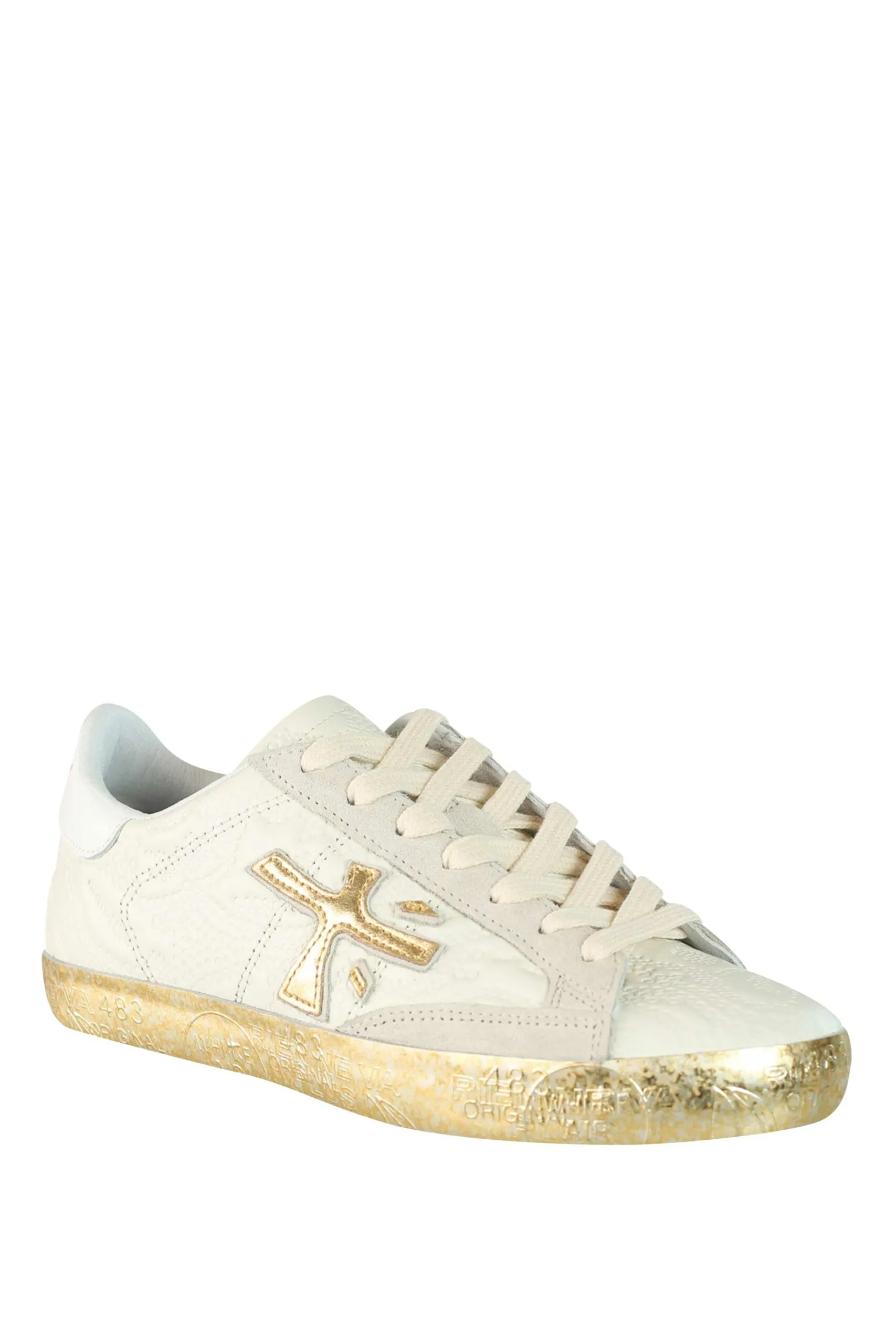 Zapatillas beige con textura y dorado 