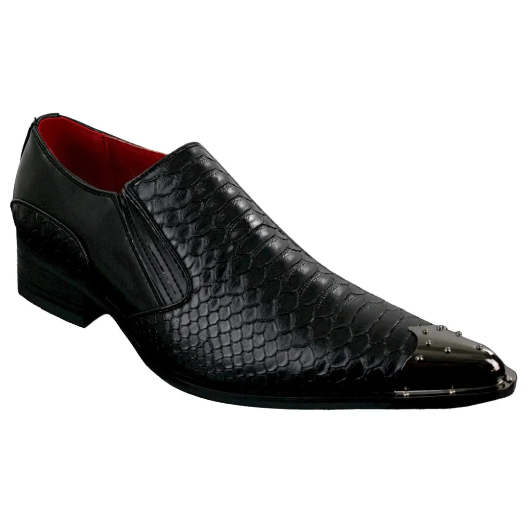 Zapatos de vaquero con punta de metal y cuero con textura de cocodrilo en color negro para hombre