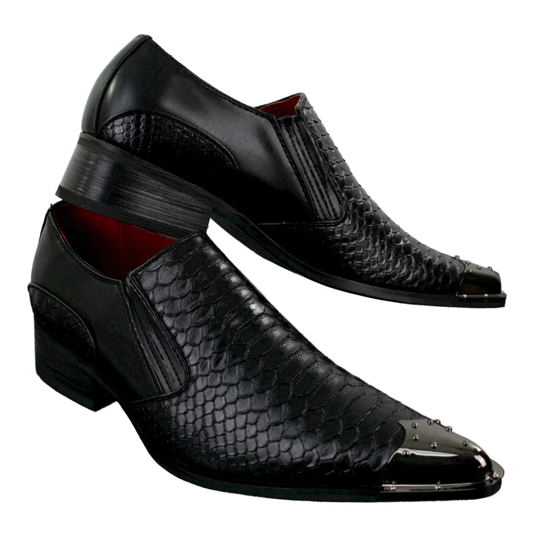 Zapatos de vaquero con punta de metal y cuero con textura de cocodrilo en color negro para hombre