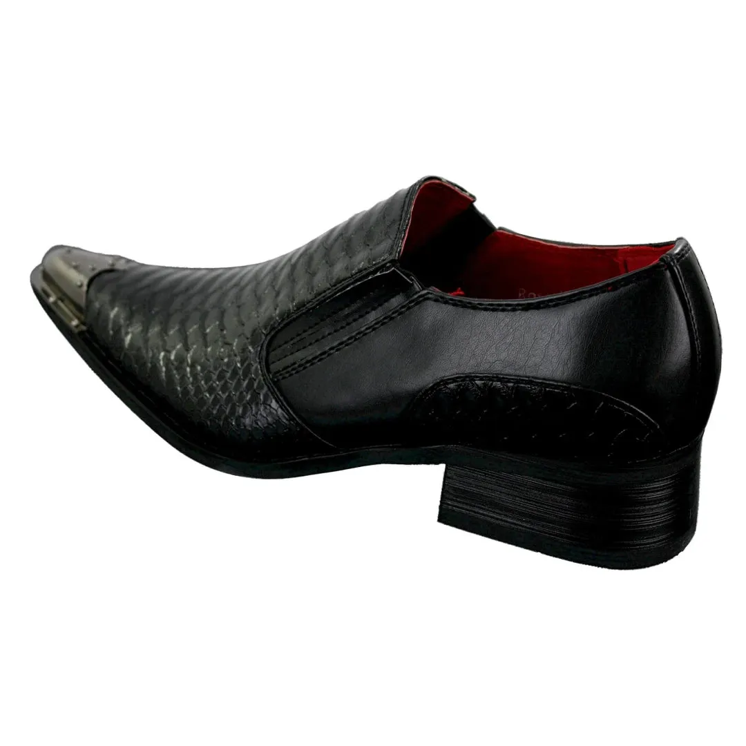 Zapatos de vaquero con punta de metal y cuero con textura de cocodrilo en color negro para hombre